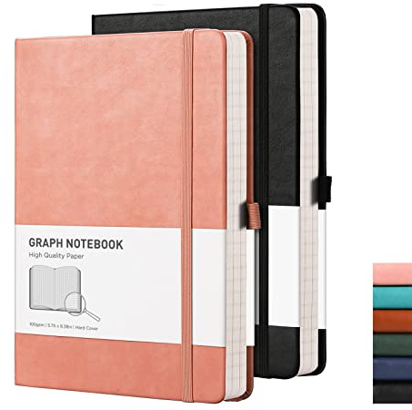 RETTACY Graph Paper Notizbuch, A5, 2 Stück, 384 Seiten, kariert, mit 100 g/m² Millimeterpapier, Stifthalter, Innentasche, für Büro, Schule, Arbeit, Damen, Herren, Arbeit, 14,5 x 21 cm, Schwarz / Rosa