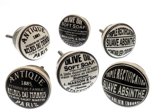 Mango Tree - Lot de 6 boutons de placard en céramique style vintage noir et blanc (MG-315)