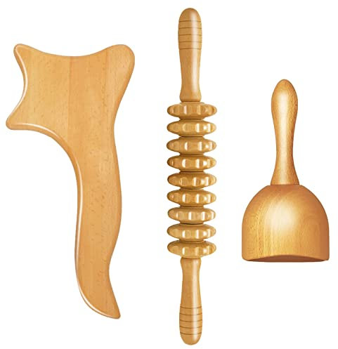 3 Stück Maderotherapie Set, Massageroller Holz, Anti-Cellulite-Massage Set,Lymphdrainage-Massagegerät, Gua Sha Massagegerät für Nacken, Beine, Rücken und Körper, Schmerzlinderung und Entspannung