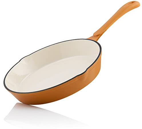 Mahlzeit Cast Iron Enamelled Frying Pan Diameter 24 cm Cast Iron Frying Pan with Two Pourers Cast Iron Frying Pan Enamel Steak Pan Cast Iron Enamelled (Sunny Orange)