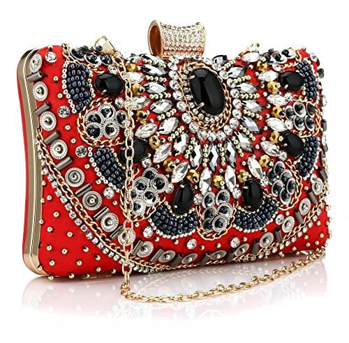 Milky Way Womens Beaded Clutch Bag Party Prom Evening Wedding Clutch Bag Purse, Ladies Shoulder Bag Crossbody Bag with Chain Strap Evening Handbag (Red)