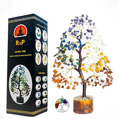 R&P Arbre Cristal Sept Chakra Gemme Feng Shui Figurine Argent Bonsaï Bonne Chance Guérison Reiki Cristaux Équilibre Décoration Ornement Sculpture Richesse Prospérité Décoration Cadeau 30 cm