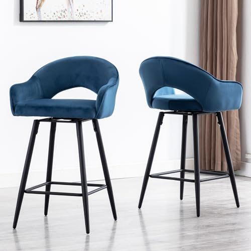 chairus Barhocker Drehbar mit Armlehnen Samt Bistrohocker 2er Set Tresenhocker Küche Hoher Hocker mit 4 Beine (Blau(Samt)-2)