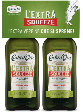 Costa d'Oro - Extra Squeeze Bipack 2 x 500ml. Olio Extravergine di oliva estratto a freddo con tappo salva goccia. Adatto a tutte le ricette. Bottiglie da mezzo litro.