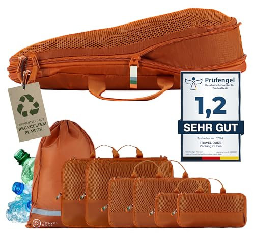 TRAVEL DUDE Packwürfel Set mit Kompression aus recycelten Plastikflaschen | Leichte Packing Cubes | Packtaschen Set für Rucksack & Koffer (Burnt Orange, 7-teiliges Set)