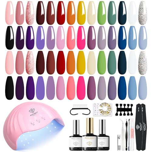 Modelones 28 Colors Gel Nail Kit With 48W UV Lamp, 45pcs Soak Off Pink Red Polish Manicure Set Gel Nail Starter Kit No Wipe Base & Top Coat Diy Home Nails Curing Gift For Women