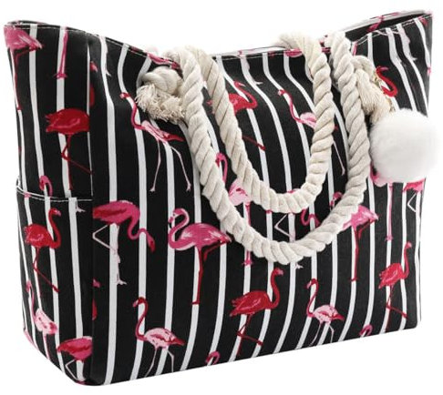 crazy bean Handtasche Strandtasche mit Reißverschluss Umhängetasche Shopper Groß für Laptoptasche Streifen Tote Bag xxl Familie Canvas Tasche Damen Herren Saunatasche,Flamingos