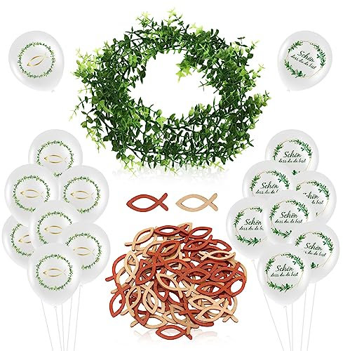 Kommunion Dekoration Kit Taufe Deko für Jungen Mädchen, 60 Stück Taufe Holz Fisch Dekor Grüne Blätter Girlande, 20 Stück Taufe Ballons für Kommunion Party Tischdeko Konfirmation Erstkommunion Deko