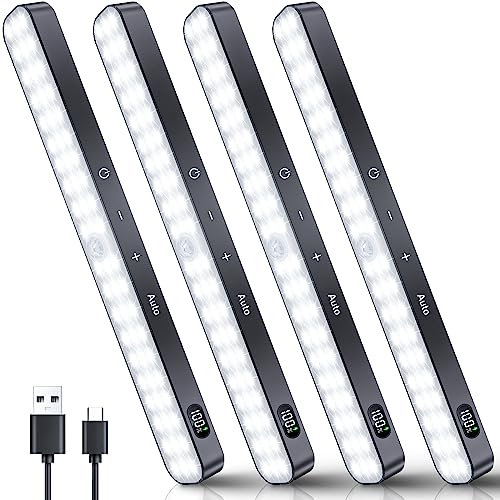 Ferswe Motion Sensor Lights Indoor, 4 Pack Rechargeable Under Cupboard Kitchen Lights, Battery Levels Display, Dimmable Under Cabinet Kitchen Lights for Wardrobe, Counter, Closet, Stairs