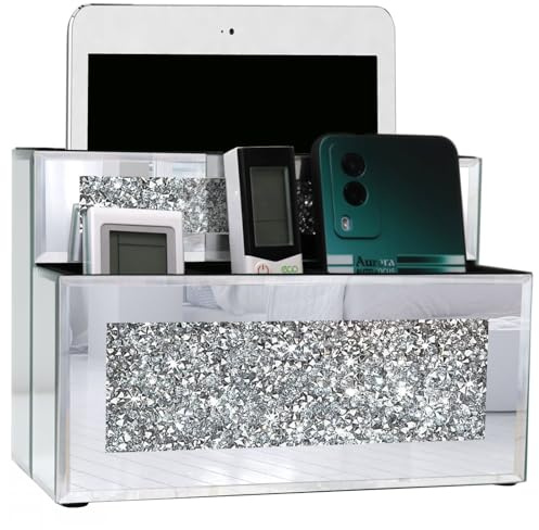 GOTHICO Verspiegelter Fernbedienungshalter, Wand- oder Tischmontage, Crush Diamond Bling Dekoration, Organizer für Fernbedienung, Handy, Pad, Notebook, Make-up-Pinsel, 4 Fächer in 3 Größen, 23,9 x