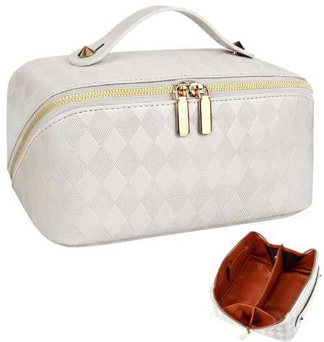 SAMSYOKI Reise Kosmetiktasche, Tragbare Make Up Tasche, Groß Kapazität Kosmetiktasche Damen, Wasserdichter PU-Leder Schminktasche Kulturtasche Mit Trennwand Tasche Organizer (Weiß)