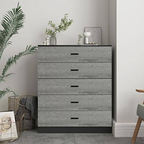 URBNLIVING 5 Drawer Wooden Bedroom Chest Cabinet Modern Wide Storage Cupboard Closet (Black Carcass+Ash Grey Drawers, 5)