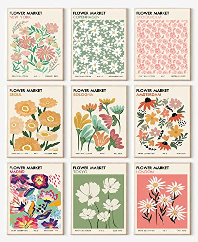 Blumenmarkt Poster 9er Set, Minimalistische Blumenmarkt Wandkunst Drucke, dänische Pastell Raumdekor Ästhetische Vintage Blumenbilder Wanddekoration Abstrakte Leinwand Blumenmalerei für Schlafzimmer