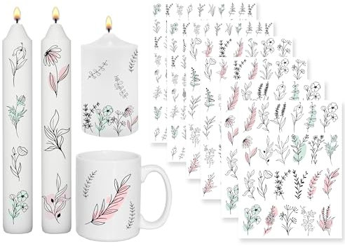 Sugeru 6 PCS Kerzentattoo (200+ Muster),Wassertransferdruck |wasserschiebefolie kerzen | Kerzenfolie | kerzenaufkleber sticker |Kerzen dekorieren | Lieblings Person,Valentinstag (Skizze Blume)