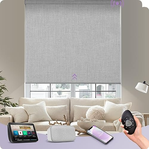 Graywind Customised Smart Blackout Roller Blinds Compatible with Alexa Google, Thermal Insulated Rechargeable Electric Blinds with Remote, Triple Weaved Fabric Motorised Window Shades, Cloudy Grey