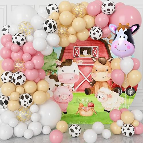 Kuh Party Luftballon Girlande Rosa, 124 Stück Ballon Girlande, Rosa, Aprikose, Weiß, Kuhballon, Ballon Kuh und Folienballons Kuh für Geburtstag, Babydusche, Bauernhof Partydeko