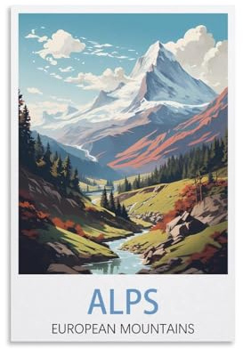 PuPLuM Alpen Europäische Berge, Vintage-Reiseposter, Landschaft, 40 x 60 cm, Leinwand, Wandkunst, Poster für Wohnzimmer, Dekoration, Gemälde für Heimdekoration