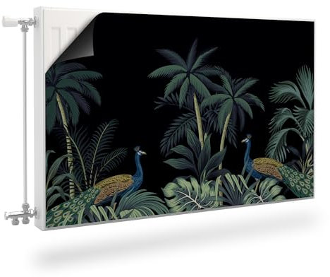 Muralo Heizkörperverkleidung, magnetische Heizkörperabdeckung für Plattenheizkörper aus Stahl oder Blech - Geruchlos und sicher für Gesundheit - Pfaue unter Palmen, Dschungel Br.80cm x Hö.60cm