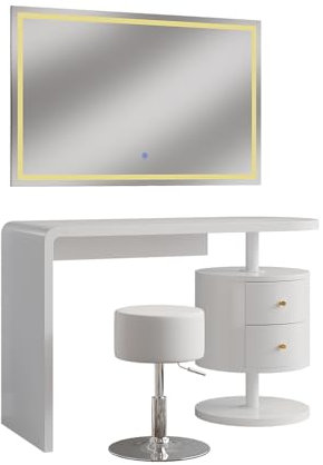 Vicco Schminktisch Lara, Weiß Hochglanz, 120 cm mit LED-Spiegel und Hocker