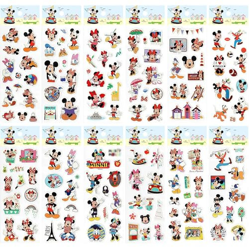 Mickey Aufkleber, Mickey Minnie Sticker, 12 Blätter 3D Wasserdicht Sticker Ubephant M-ickey Skateboard Gepäck Aufkleber Partytütenfüllung Mehrere Muster für Kinder Geburtstag Deko