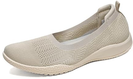 Women Slip on Trainers Lightweight Go Walk Shoes Mesh Breathable Slip On Shoes Casual Walking Sneakers-Beige-5.5UK