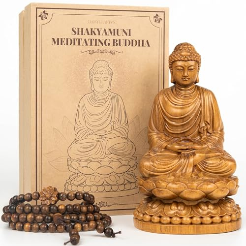 DAISYCRAFTVN Buddha Statue Indoor with Gift Box and 108 Bead Mala - Hand Carved Shakyamuni Buddha 15cm/6in for Meditation, Altar, Zen Decor - Buddhist Spiritual Gift Set for Peace and Mindfulness