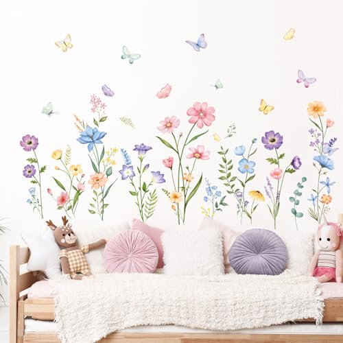 Supzone Adesivi Murali Fiori Decorazione Parete con Fioretti Colorati e Farfalle, Adesivi Naturali Autoadesivi Rimovibili per Soggiorno e Camera da Letto, Vetrofanie Primavera
