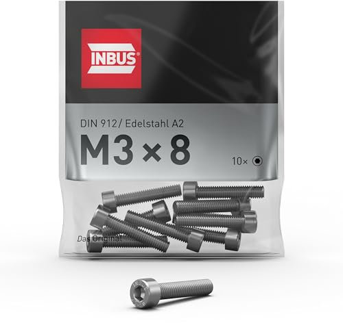 INBUS® Zylinderschrauben mit Innensechskant M 3 x 8 (DIN 912 / ISO 4762, Edelstahl A2), 10 Stück — Das Original