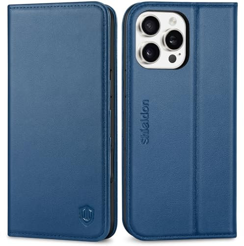 SHIELDON Case for iPhone 16 Pro Max 5G, Genuine Leather Folio Wallet with [Card Slots][Magnetic Closure][RFID Blocking] Protective Flip Cover with Stand Compatible with iPhone 16 Pro Max - Royal Blue
