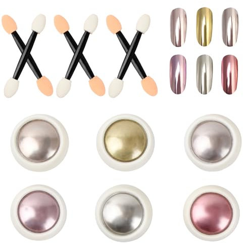 6 Stück Nail Art Chrome Puder, Chrome Nagelpuder mit 6 Applikatorstifte, Maniküre Glitter Pulver, Nail Art Glitzerpuder, Metallic Nail Art Pulver, Nagel Spiegel Puder, Holographische Nagel Pulver (A)