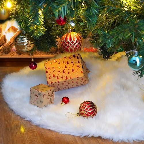Linkmonde Faux Fur Christmas Tree Skirt 35 Inch/90CM, Large Snowy White Xmas Tree Plush Skirt for Indoor and Outdoor Decoration, Decorative Holiday Party Decorations