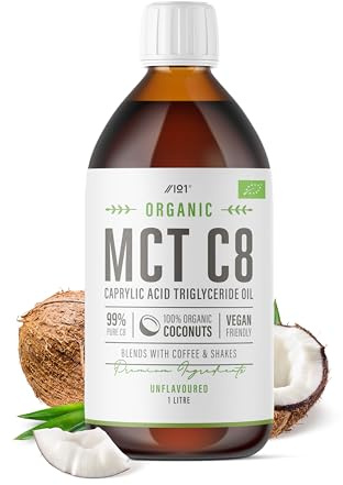 Organic C8 MCT Oil 1 Litre (Glass) - 99%+ Pure Cold Pressed C8 MCT - Premium Coconut Oil, Sustainably Sourced, Boosts Ketones 3X More Than Other MCTs by Alpha01
