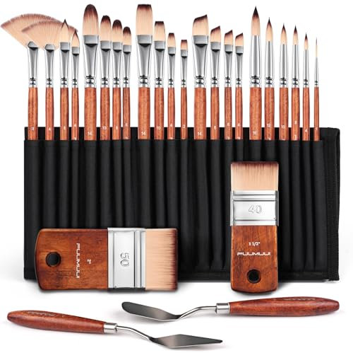 26pcs Paint Brush Set,Professional Acrylic Paint Brushes Complete Range of Sizes with Upgraded Short Handle Wide Flat Paintbrush for Acrylic,Oil, Watercolor and Gouache