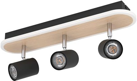Eglo LED Ceiling lamp Rimbocchi, Oval Light with 3 Adjustable spotlights | swivel spot bar, metal spotlight in black and wood effect, warm white, L 34 cm