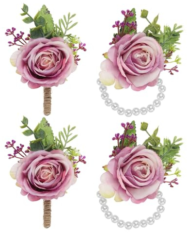 PATIKIL 4 Stück Rose Handgelenk-Korsage und Anstecker-Set Weiß Lila | Hochzeitsblumen-Handgelenkband-Armband-Handblumen-Zubehör, Für Männer Frauen Abschlussball Heimkehr
