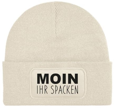 Beanie - Wollmütze mit Spruch: Moin Ihr Spacken - Strickmütze lustig als Geschenk für Freund, Mann und Männer oder Freundin, Frau - Kappe, Mütze (DE/NL/SE/PL, Alphanumerisch, Einheitsgröße, Beige)