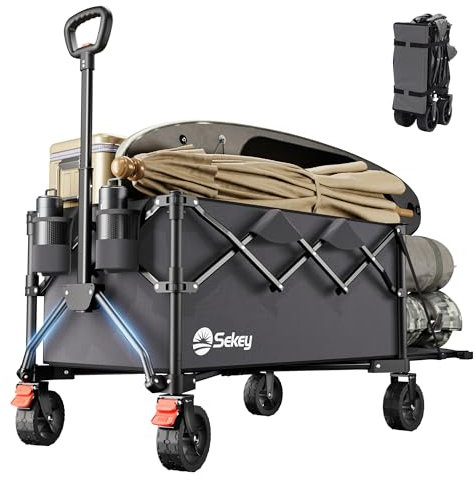 Sekey Festival Trolley with Expandable Tailgate - 350-500L, 440LB Heavy Duty Folding Camping Wagon, Brake, All-Terrain Wheels, Patented 4-Way Folding & One-Click Adjustable Handle, Beach Cart - Grey