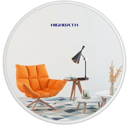 HIGHBATH 60 x 60 cm großer runder Wandspiegel mit Metallrahmen, weißer gebürsteter Rahmen, HD-Glasspiegel für Badezimmer, Wohnzimmer, Schlafzimmer