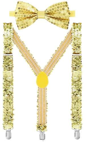 Jadive 2 Pcs Pailletten Hosenträger Set Y Clip mit Glitzer Fliege Krawatte Schleife Kostümzubehör für Disco Karneval Halloween Mottoparty(Hosenträger-Fliege mit Pailletten,Gold)