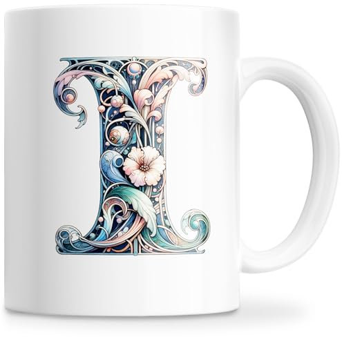 Taza Personalizada con Letra Inicial del Nombre - Taza Cerámica 350ML con Motivo Floral, Regalos Originales para Mujeres, Mamá, Amigos - Apta para Lavavajillas y Microondas (I)