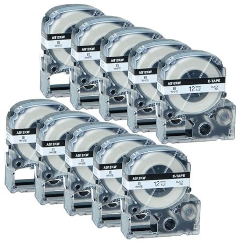 10er-Pack SS12KW Etikettenband 9 mm 12 mm 18 mm 24 mm Kompatible Etikettendrucker LW300 LW400 LW600 LW700 LK4WBN LC4WBN(Black on white)
