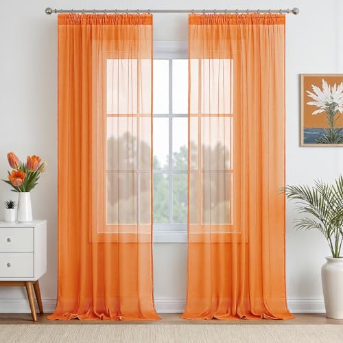 EMEMA Gardinen Vorhänge mit Kräuselband 2er H260xB140cm Orange Vorhang | Transparente Gardine Vorhänge mit Kräuselband aus Einfarbig Transparent Voile Wohnzimmer Luftig Dekoschal für Schlafzimmer