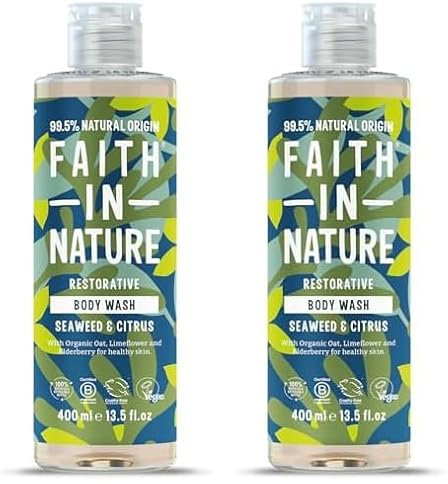 Faith In Nature Natural Seaweed and Citrus Body Wash, Restorative Shower Gel, Vegan and Cruelty Free, No SLS or Parabens, 400 ml (Pack of 2)