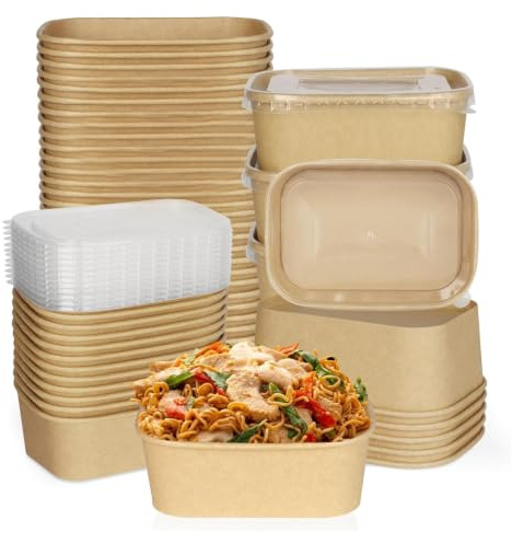 ECONX 50 X 650ml Kraft Food Containers with Plastic Lids PP Rectangular Takeaway Food Box Heavy-Duty | Leakproof and Oil-Proof Kraft Paper Salad Box Bowls Deli Tubs for Lunch Restaurants, Parties