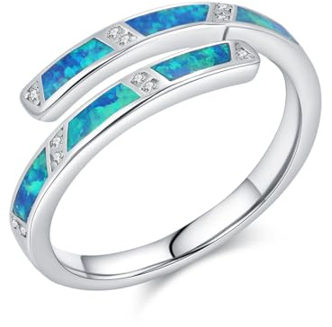 Waysles Blau Opal Ring 925 Sterlingsilber Verstellbar offener Ring mit Blauem Opal Hypoallergener Schmuck für Frauen Größe 8,18,2 mm