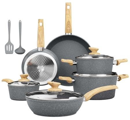 Kitchen Academy Induction Hob Pans and Pots Set Non Stick | Gray Granite Nonstick Cookware Set 12Pcs, PFOA & PFAS Free. Easy to Clean, Fast Heating