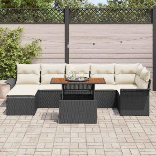QJBSAVVA Garten-Sofa-Set 8-TLG Schwarz Poly-Rattan inkl. Holztisch 55 cm tief modularer Stauraum Modernes Design Robust und langlebig für Balkon Terrasse und Garten