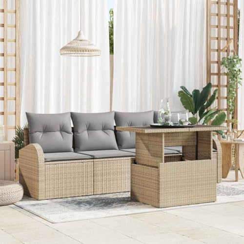 Owoxanthellate Garten Lounge Sofa Set 5-TLG Beige Poly Rattan 234x117x85 cm klappbar modular mit Tisch und Sitzkissen Robustes Gartenmöbel Set für Balkon Terrasse und Small Patio