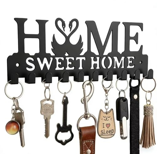 Black Metal Key Hooks Wall Mounted with 10 Hooks | Home Key Holder for Wall, No-Drill Self-Adhesive Key Rack, Heavy-Duty Key Hanger for Entryway Home Office Door Decor