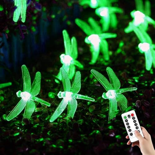 Dragonfly Solar-Lichterkette für den Außenbereich mit Fernbedienung, 12 m, 100 LEDs, wasserdicht, 8 Modi Kabellose Solar-Lichterkette mit Fernbedienung für Garten, Terrasse, Party und Zaun (Grün)